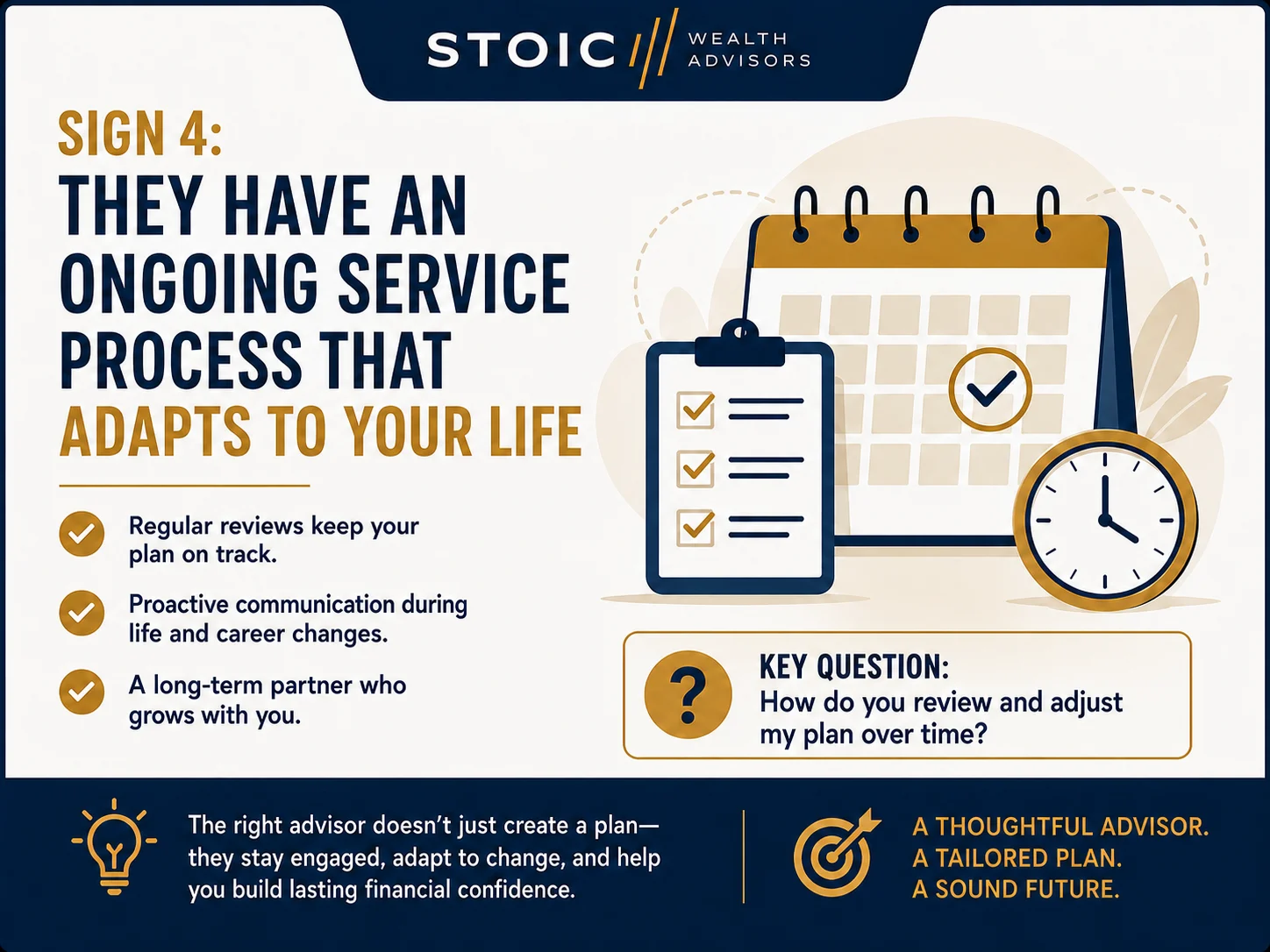 Infographic about choosing a financial advisor showing the importance of an ongoing service process, regular reviews, and long-term support.