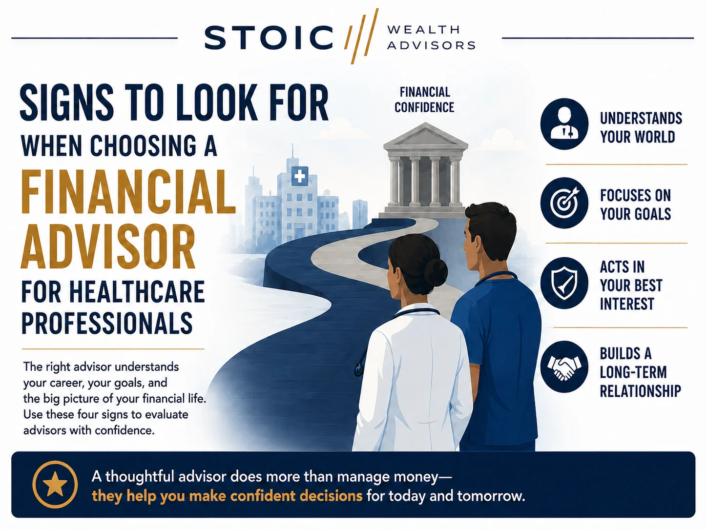 Featured infographic about choosing a financial advisor for healthcare professionals, showing the top signs of a trusted advisor.