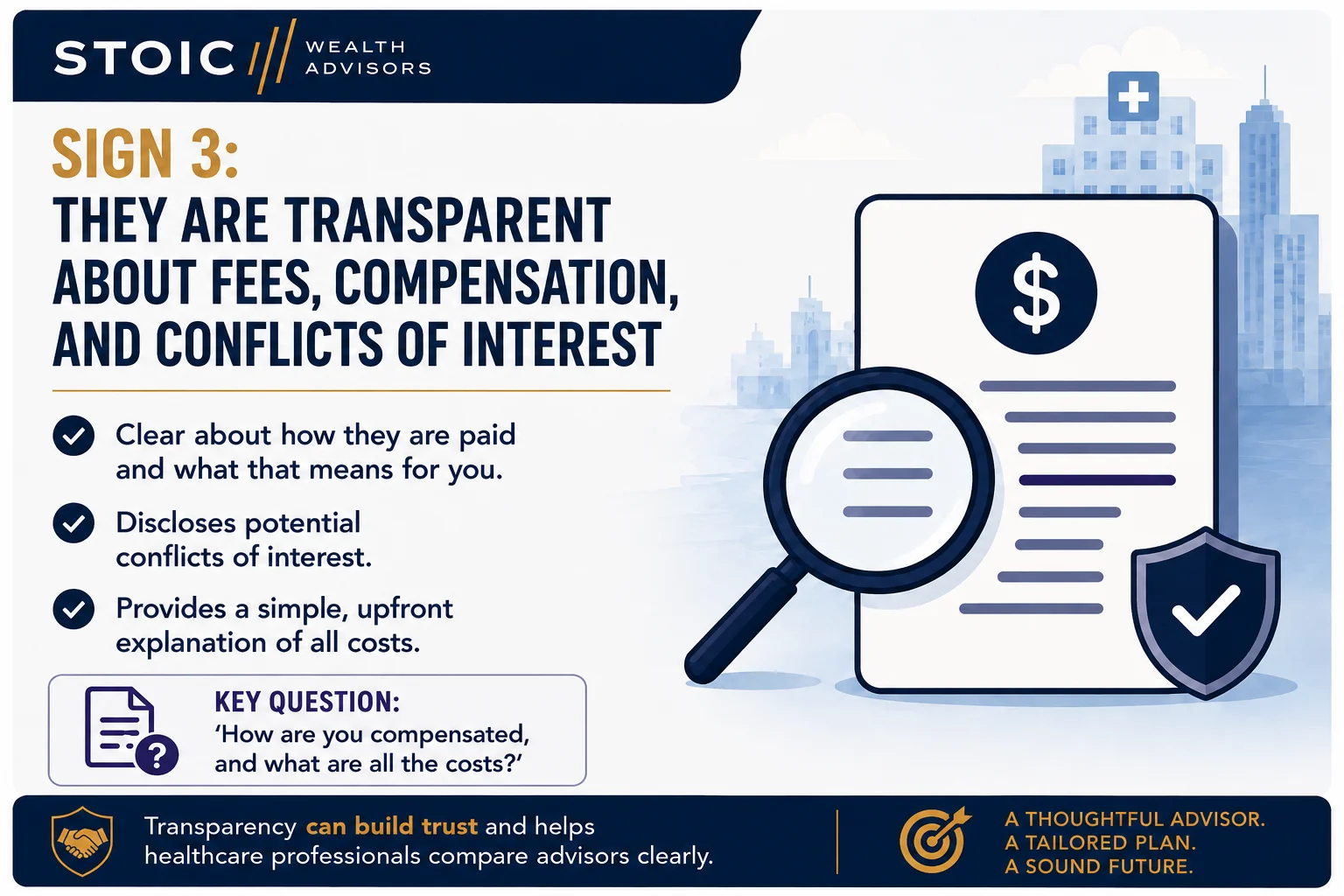 Infographic about choosing a financial advisor that explains transparent financial advisor fees, compensation, and conflicts of interest.